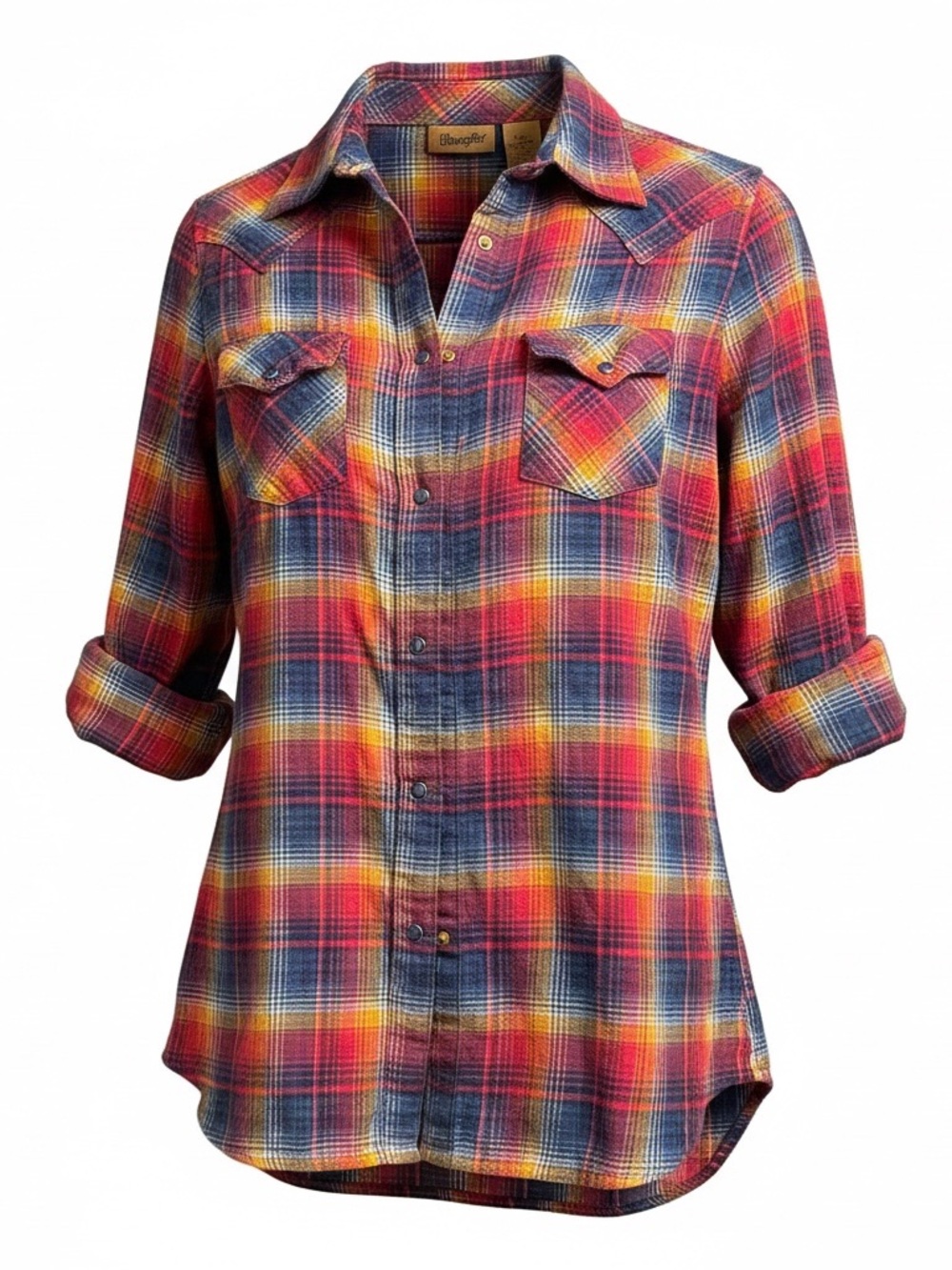 Wrangler Women’s Small Plaid Western Shirt Red Blue Yellow Metallic Snap Front